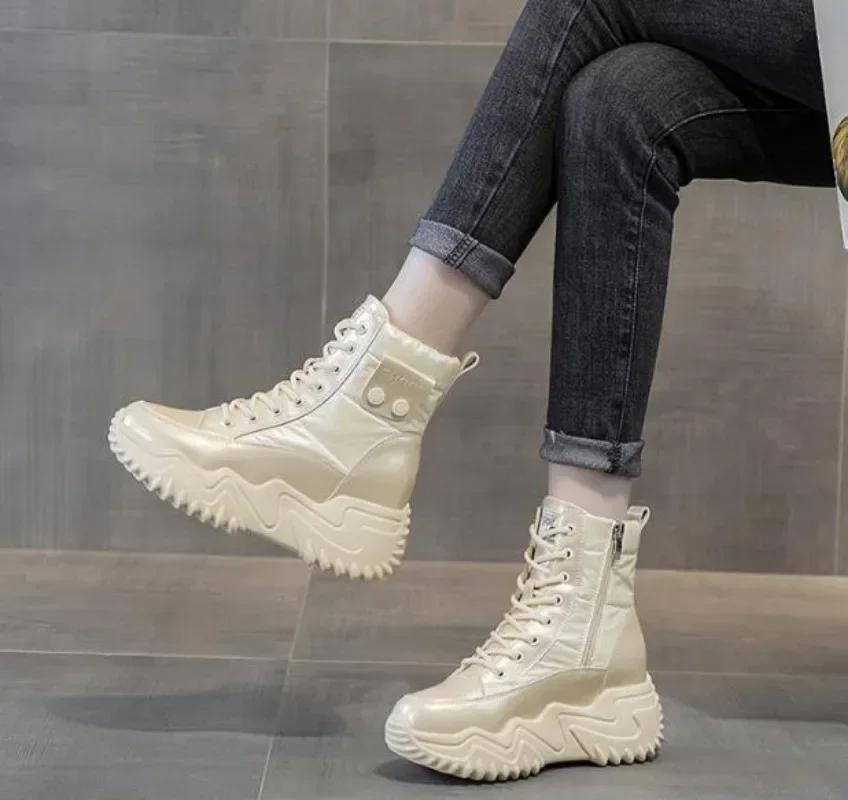 Mode 7CM Echtes Leder Winter Plateau Keilabsatz Versteckter Absatz Damen Stiefeletten Lässige Klobige Sneakers Hohe Absätze Frühling Herbst Schuhe