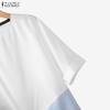 ZANZEA Women Casual Round Neck Short Sleeve Stripe Splice Loose Blouse