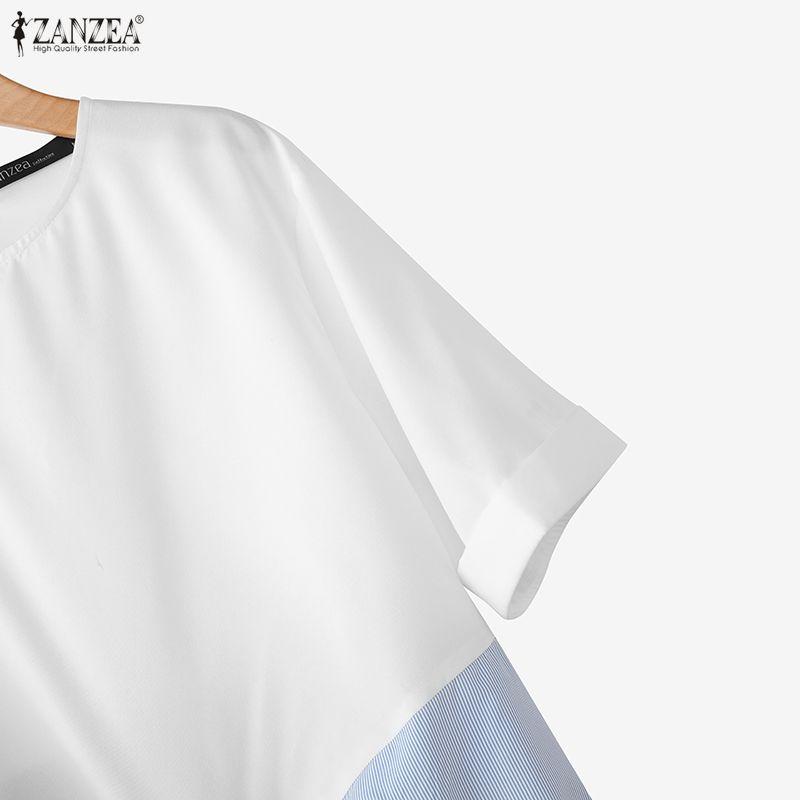 ZANZEA Women Casual Round Neck Short Sleeve Stripe Splice Loose Blouse