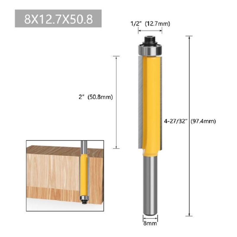 

Фреза кромочная с хвостовиком 8 мм и подшипником для дерева, шаблонная, пазовая, твердосплавная 8.12.7*50.8 жёлтый