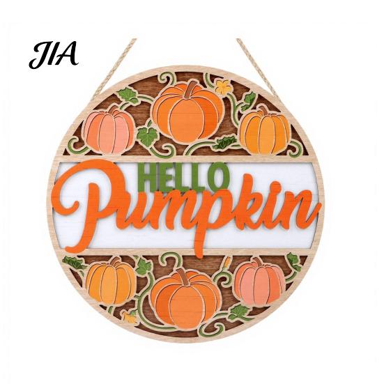 Hello Autumn Wood Plaque Harvest Wooden Wreath Pendant, Front Door Hanging Ornaments with Hemp Rope, Natural Fall Sign Pumpkins Maple Leaves