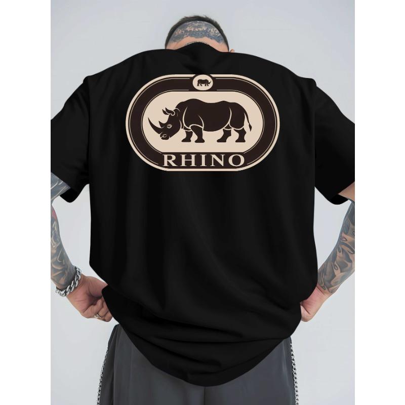 European Size Rhino Logo Summer Outdoor Sports And Casual Oversized Short-Sleeve Tees, Trendy Men'S Fashion Prints, Relaxed Fit Base Shirts