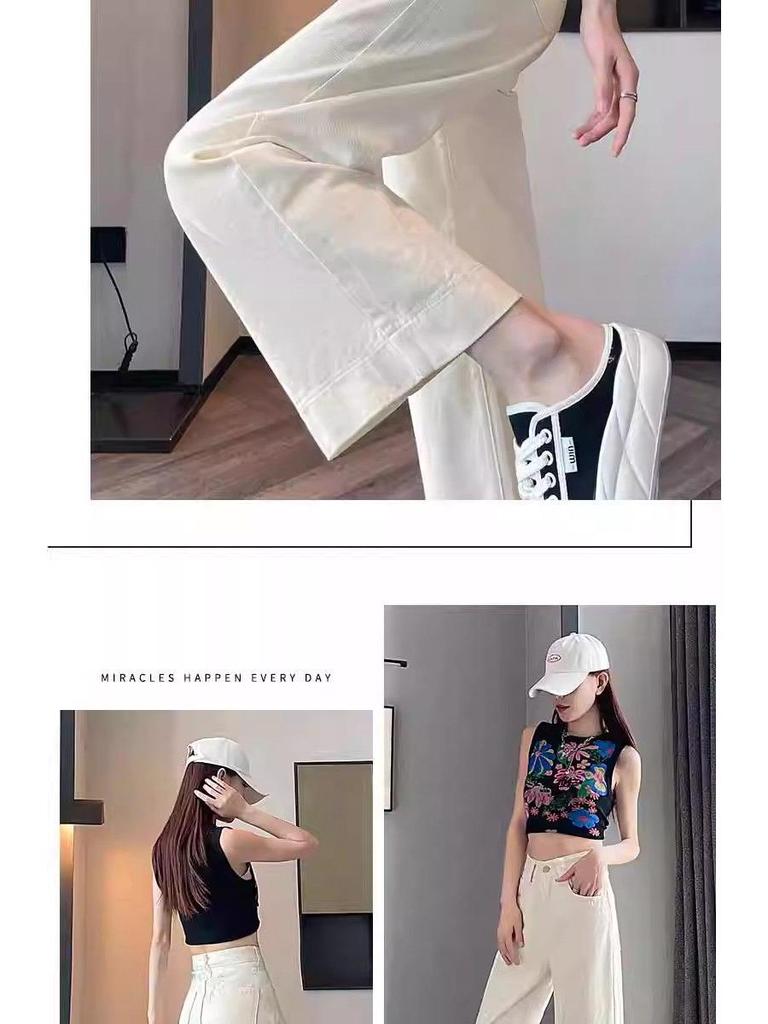 Khaki High-Waisted Cropped Wide-Leg Jeans for Women - Summer 2026 Thin Style, Petite Fit, Leg-Covering Straight Pants.