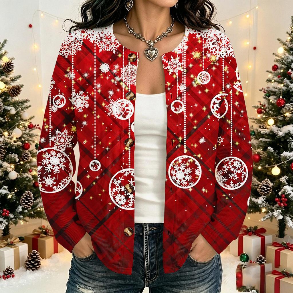 Women's Long Sleeve Christmas Print Cardigan Stylish Knit Outerwear for Winter Holidays