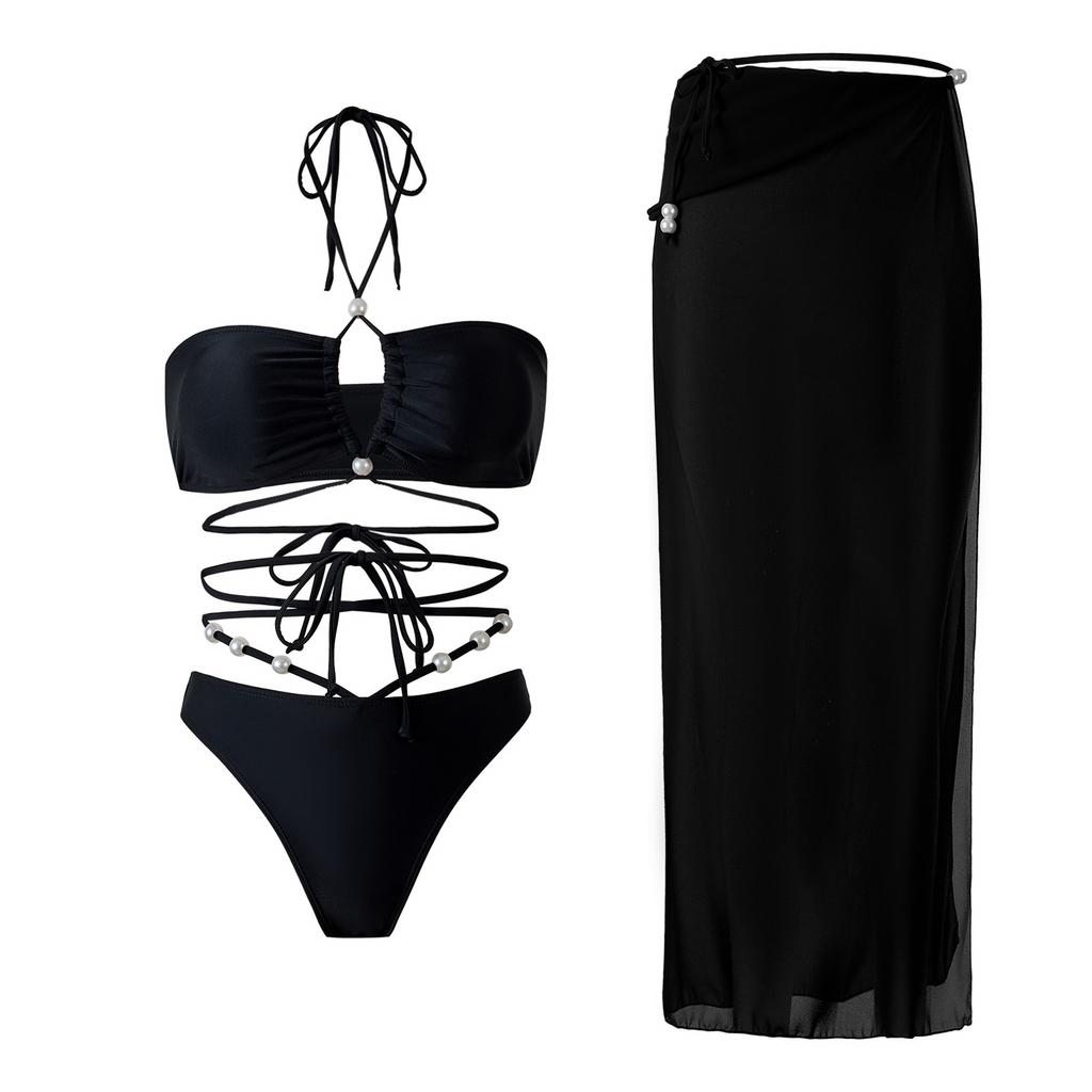 Latest Split Swimsuit for Women Sexy Neck Halter Chiffon Wrap Skirt Three-piece Kit
