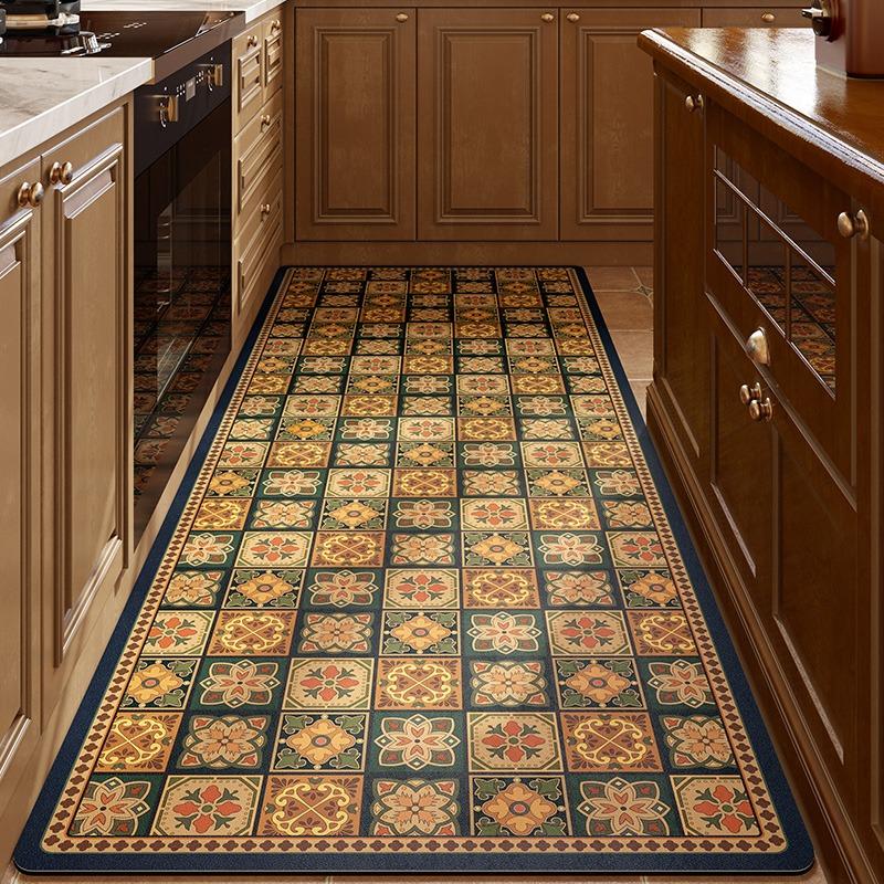 PVC Kitchen Carpet Waterproof Leather Floor Mat Large Non-slip Oil-resistant Carpets Brown Retro American Home Decoration Rug