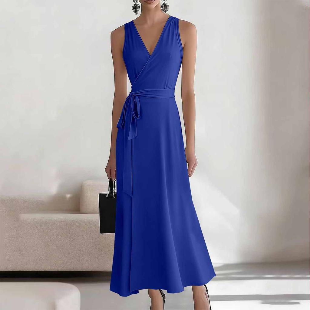 Women's Fashionable Color V-neck Lace Sleeveless Long Casual Dress