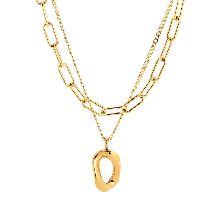 Geometric Titanium Double-Layer Necklace: High-End Minimalist Sweater Chain for Women - Autumn/Winter