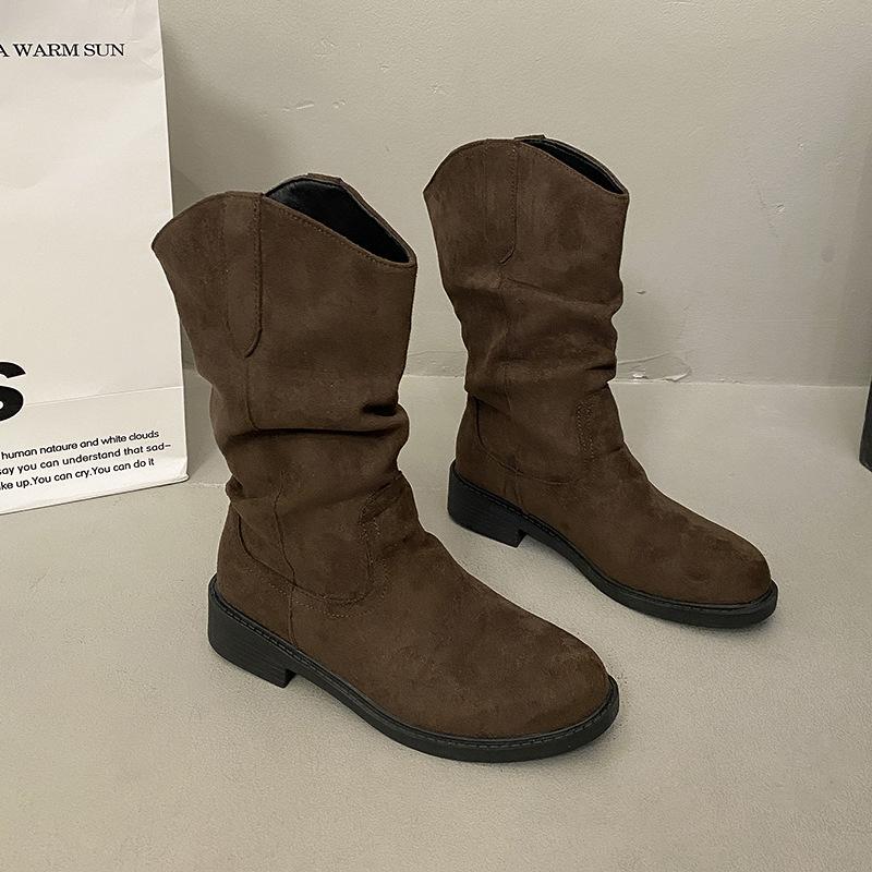 Inner height increase Small retro thick heel short boots Women's 2025 popular new versatile and thin pleated western cowboy boots