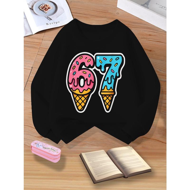 Kids Unisex Crewneck Sweatshirt, Cute Dripping Ice Cream Cone Shaped 67 Number Print Long Sleeve Pullover, Sweatshirt for Boys Girls Over 4 Years Old 110 чёрный