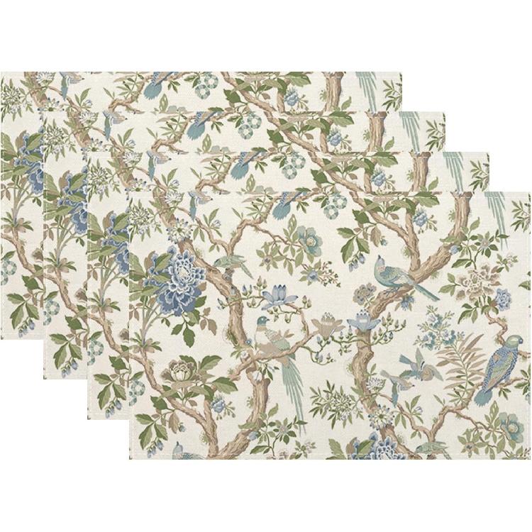 Chinoiserie Spring Placemats Set of 4, 12x18 Inch Blue Green Floral Bird Table Mats Summer Vintage Flowers Holiday Decorative Table Placemats for