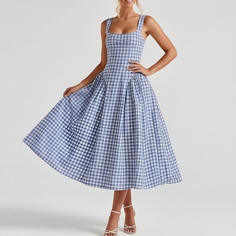 Plaid Printed Spaghetti Strap Sexy A Line Dress Women Elegant Summer Dress Backless Party Midi Dress Vestidos