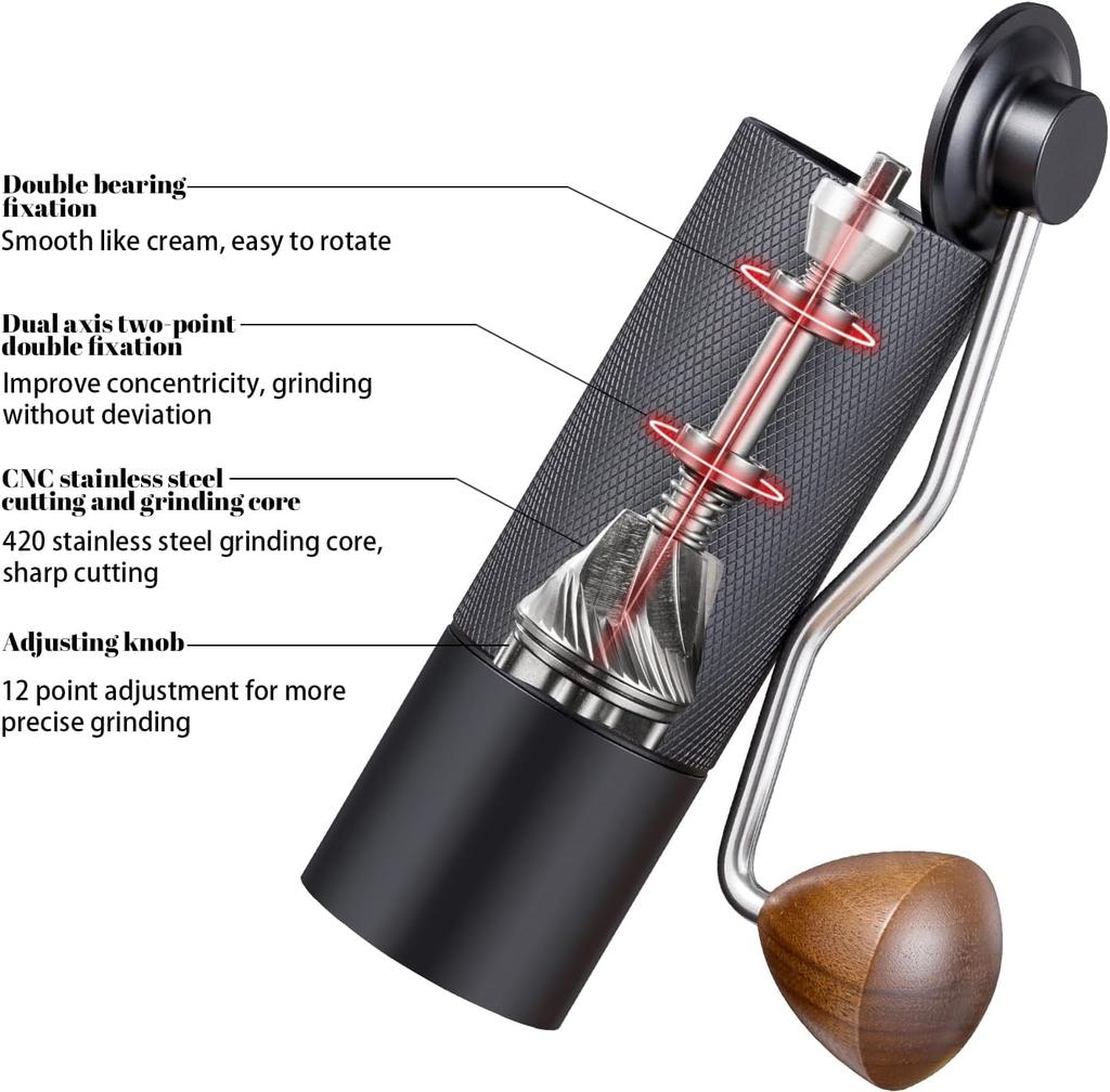 Manual Coffee Grinder Stainless Steel Tapered Burrs - Wooden Handle - Adjustable Internal Settings Dual Bearing Positioning