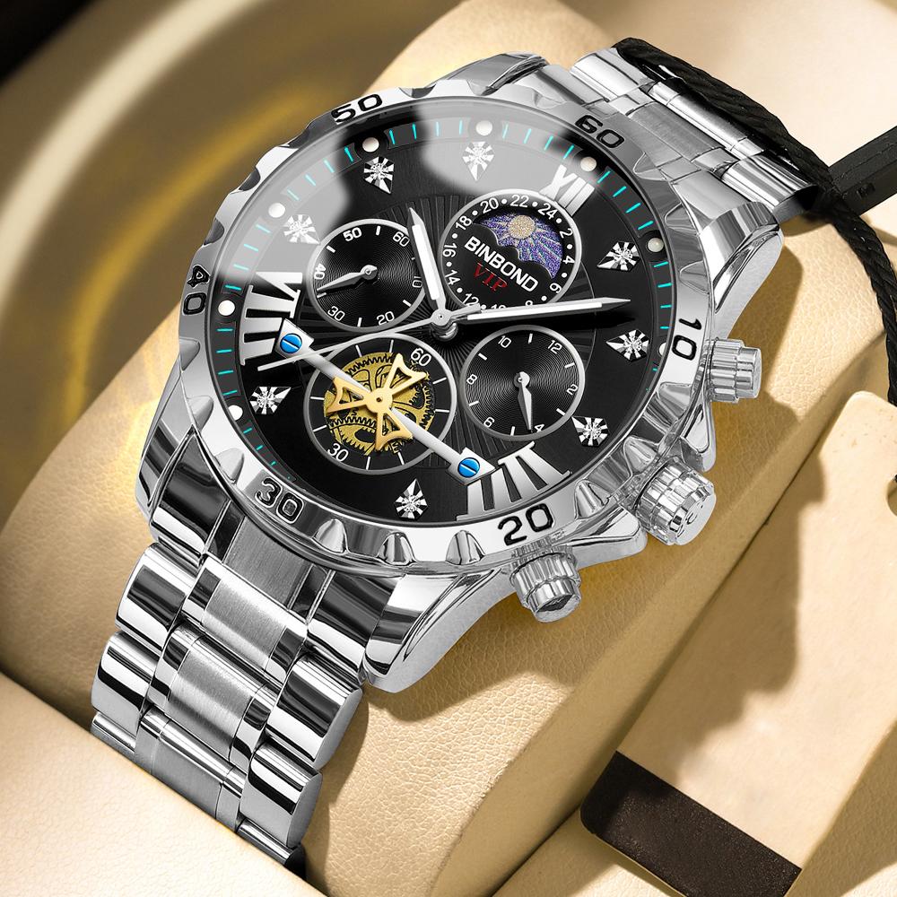 

BINBOND Lurury Мужские часы Тренд Мода Оригинальные Кварцевые часы для Мужчин Стиль Маховика Хронограф Водонепроницаемые Часы с Лунной Фазой серебряный/чёрный