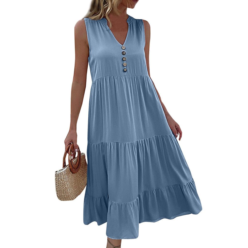 Women's Fashion Sleeveless Pleated Loose V-Neck Mid-Length Colour Dresses
