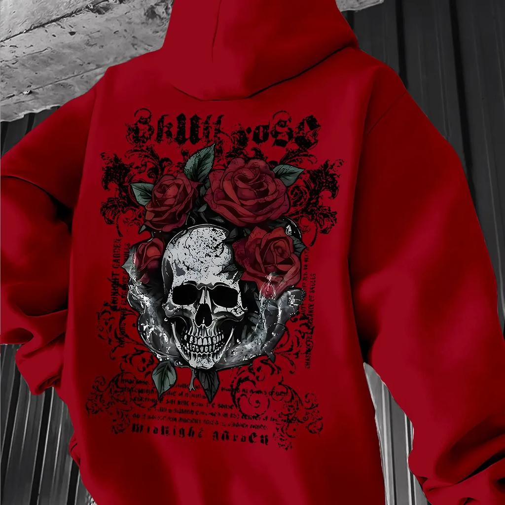 Grim‑rose Men Hoodie Fashion Rear Retro Gothic Skull Floral‑themed Motif Print Pullover For Soft Relaxed Casual Street Wear