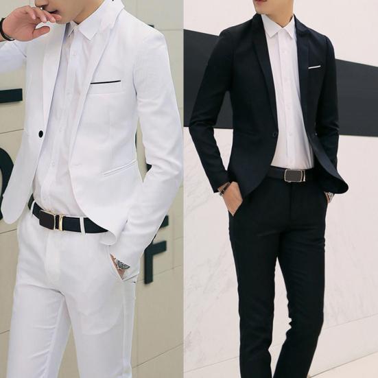 2Pcs Office Business Men Solid Color Lapel Long Sleeve Slim Blazer Pants