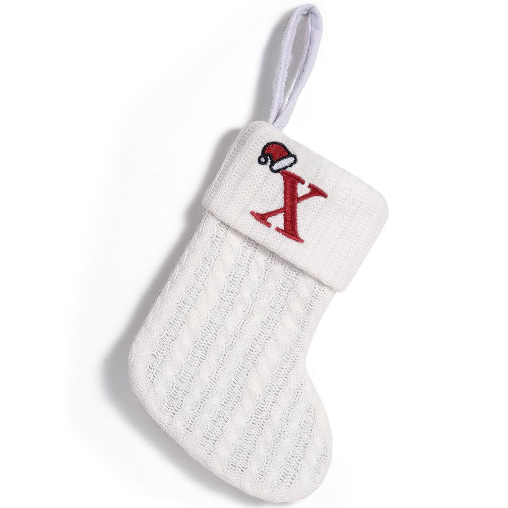 Cross-Border White Knitted Christmas Stocking with Letter Embroidery – Decorative Gift Bag Ornament.