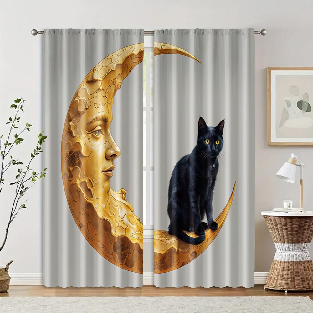 

2 pcs, filtering curtains (excluding rods, non-movable, without batteries) Black Cat on Moon for use in bedrooms and living 29x65in(75x166cm)