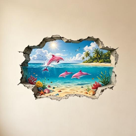 2 Peças de Adesivos de Parede 3D Praia Litoral, Golfinho Oceano Gaivota Palmeira Adesivo de Parede para Quarto de Crianças Bebês, Sala de Estar, Berçário