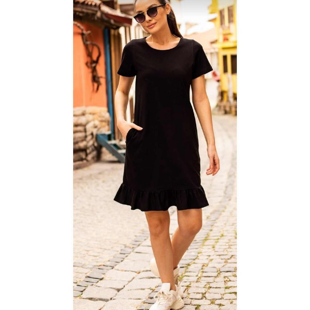 Women's Black Short Sleeve Six Ruffle Dress Arm-20y001032