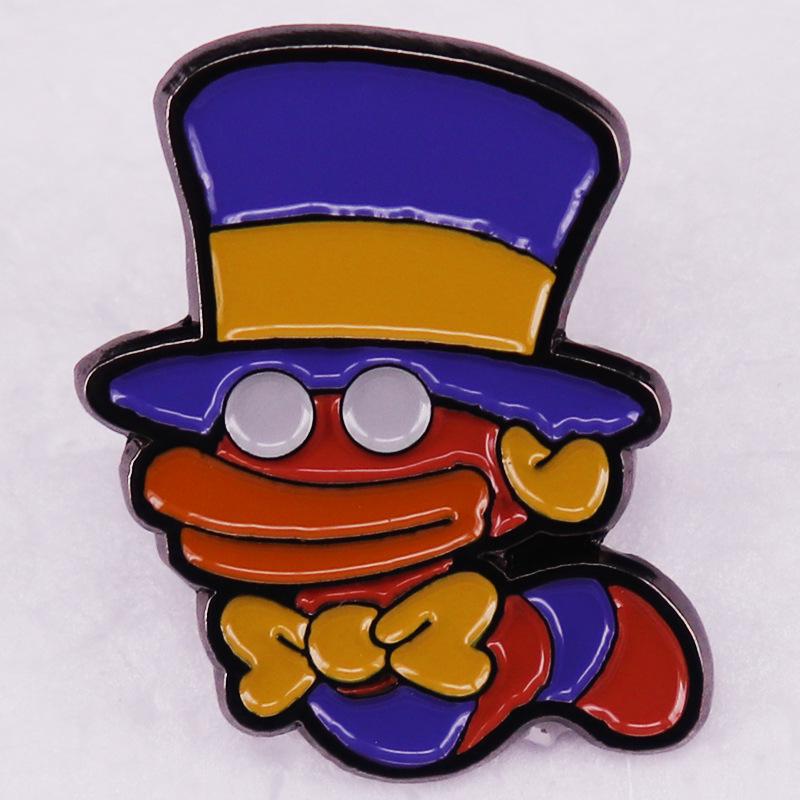 Chuck Quizzmo Worm Enamel Pin - Yellow Bow Tie & Purple Hat Brooch
