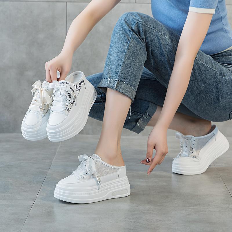 Leather Bag Head Half Slippers Women's Outer Wear 2025 Spring and Summer New Mesh Breathable Thick Sole Inner Height Increase Women's Shoes 9CM Tide