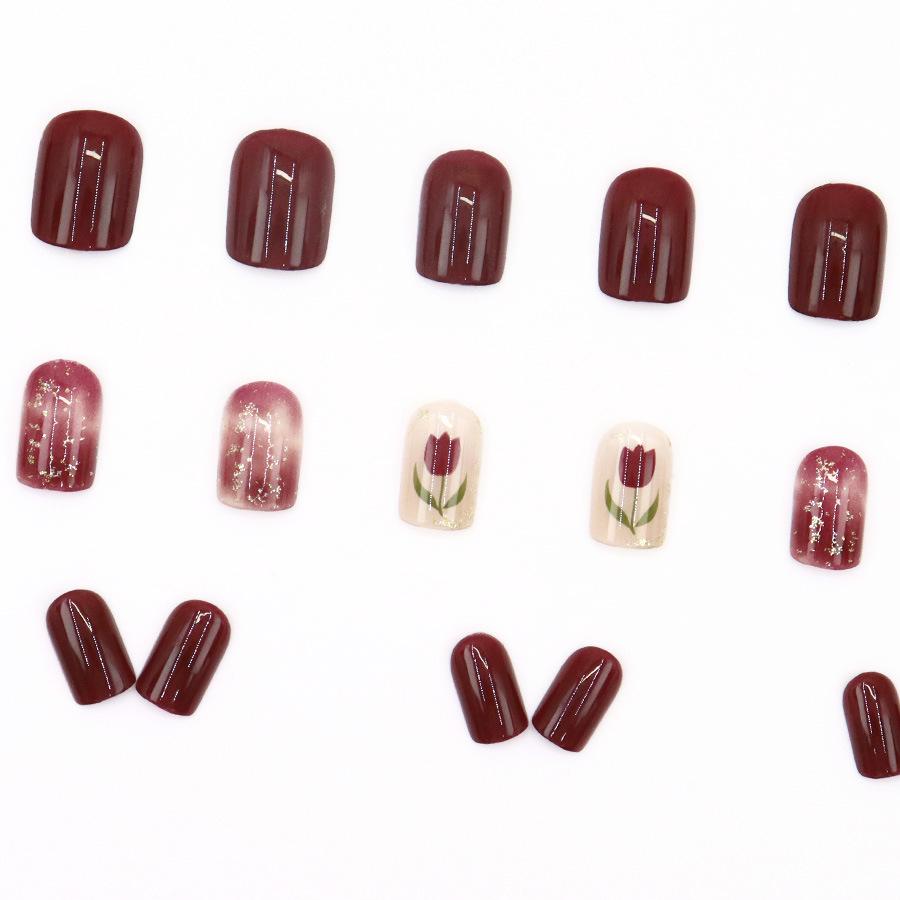 24 Pieces Simple and Sweet Square Nail Short Tulip Glitter Wearing Nail Royal Nail Art Stickers 24 Pieces