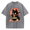 Streetwear T-Shirt Vintage Gewaschenes Baumwoll-T-Shirt Schwarz Ramen Katze Japanischer Anime-Stil Grafik-T-Shirt Lässig Frühling Sommer