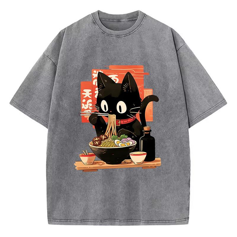Streetwear T-Shirt Vintage Gewaschenes Baumwoll-T-Shirt Schwarz Ramen Katze Japanischer Anime-Stil Grafik-T-Shirt Lässig Frühling Sommer