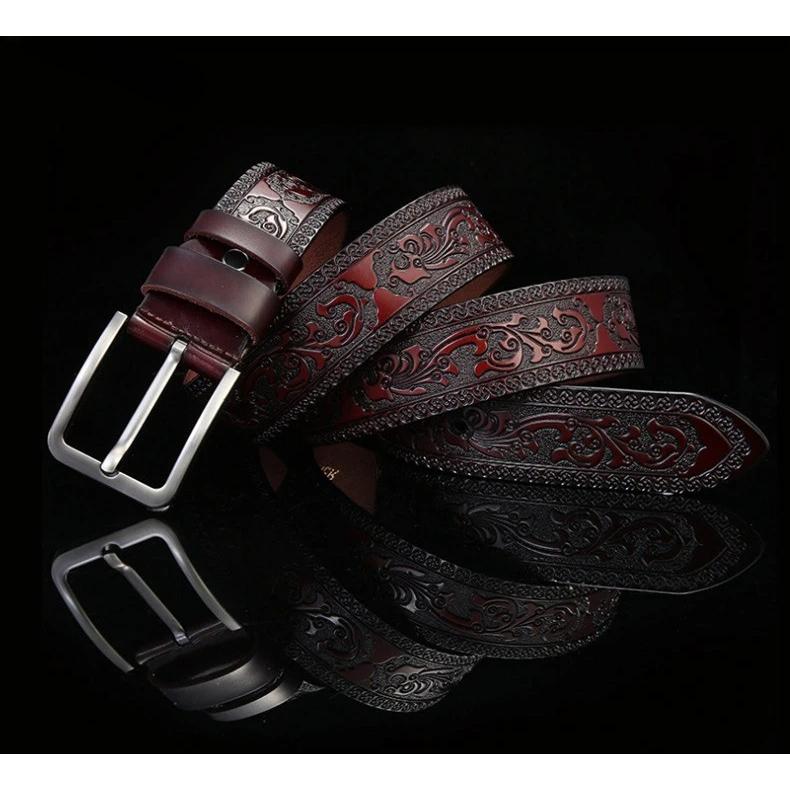 Cow Leather Embossing Belt Male Classic Vintage Pin Buckle Strap