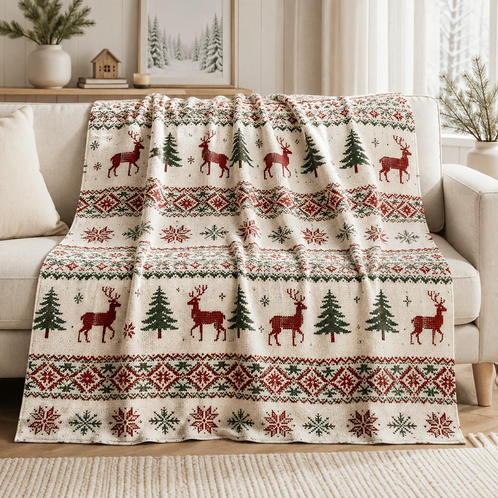 Blanket, Red Green Christmas Knit Texture Plush Carpet, Cream White Background Deep Red Reindeer Forest Green Pine Tree Snowflakes Nordic Geometric Ho