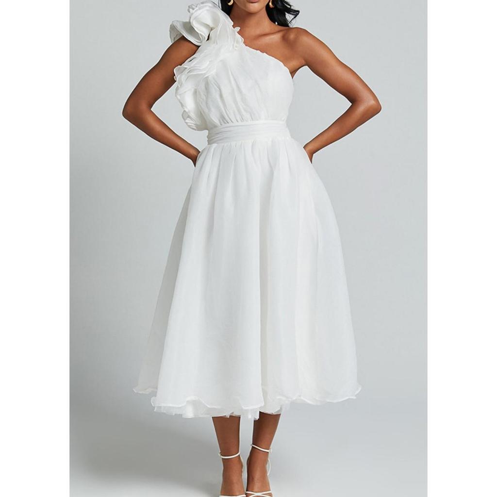 2025 Spring Summer Women's Dresses Elegant One Shoulder Sleeveless Pleated High Waist Female Long Dress Chic Ladies Holiday Robe