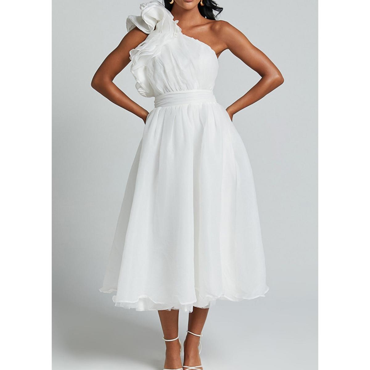 

Женские платья весна-лето 2025 года, элегантное одно плечо, без рукавов, плиссированное, с высокой талией, длинное женское платье, шикарное женское праздничное платье XL белый