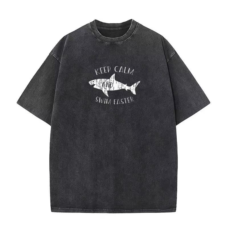 Men's and Women's Printed Washed T-shirt Cotton Loose Round Neck Oversized T-shirt Retro Top