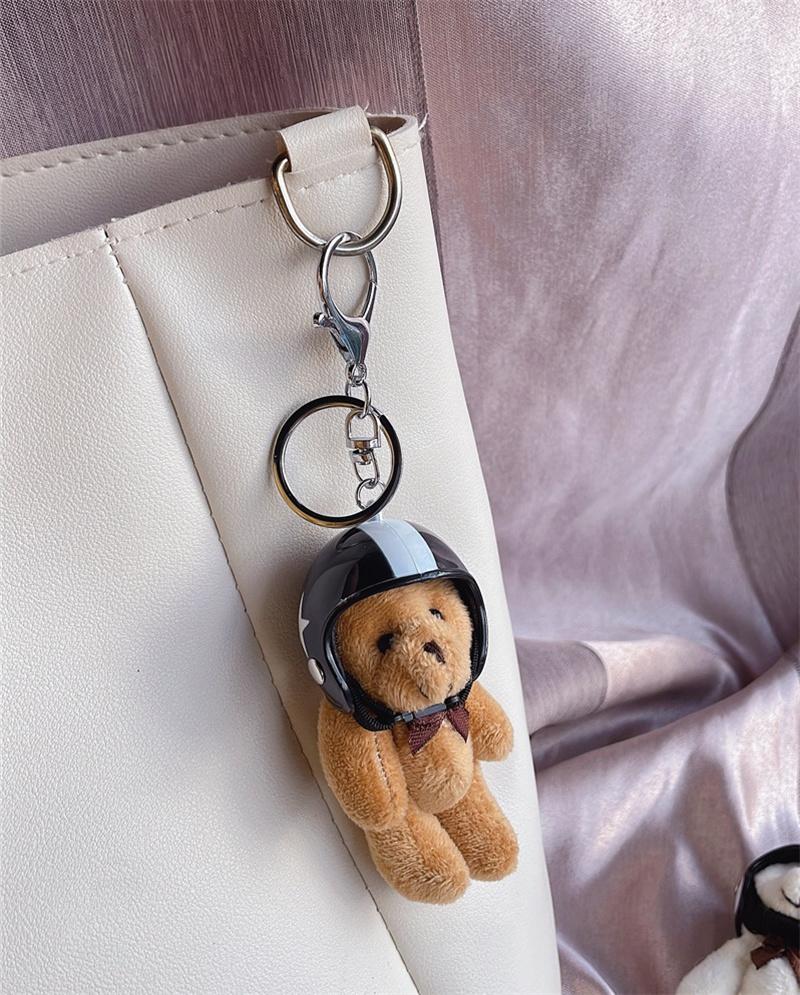 Lovely Helmeted Bear Charm Keychains Plush Ornament Pendant Car Keyring Backpack Decoration Bag Charm Jewelry
