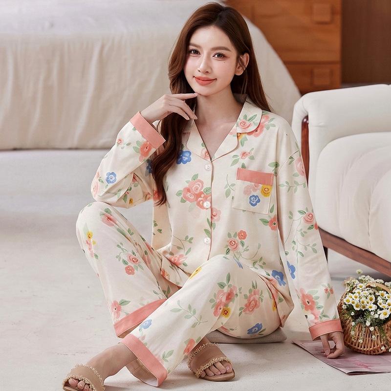 Fashion sweet printed pajamas women's spring and autumn imitation cotton long-sleeved loungewear large size comfortable mother suit
