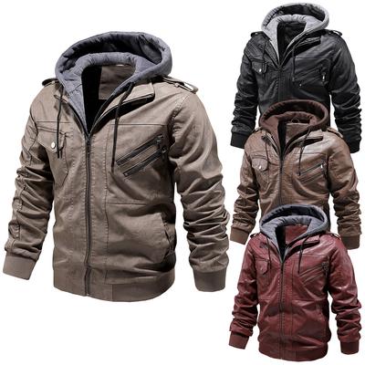 Thick Velvet Autumn and Winter Men's Removable Knitted Hooded Pu Leather Jacket Large Size Casual Versatile Trendy Leather Jacket