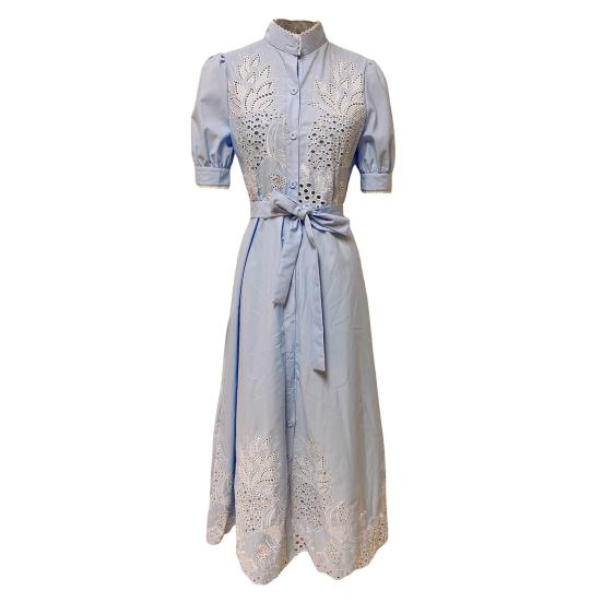 

Модное женское платье с вышивкой, воротником-стойкой, коротким рукавом, однобортная рубашка с вырезом L небесно-голубой