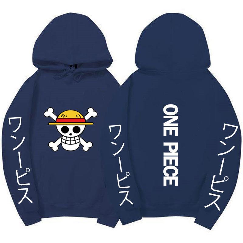 One Piece Straw Hat Jolly Roger Hoodie, Japanese Letter Sleeve Print Pullover Sweatshirt Unisex Casual Streetwear
