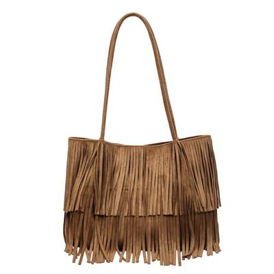 Bruine Suède Franje Tote Tas Dames Mode Schoudertas Met Gelaagde Kwastjes Boho Stijl Handtas Dagelijks Gebruik