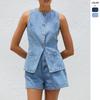 Cowboy Shorts Set2025 Spring and Summer New European and American Women Fashion Sleeveless High Waist Demin Shorts Set