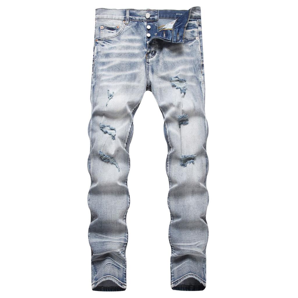 Cross Border Of PU Men's Cat Whiskers With Holes Slim Fit Small Feet Men's Streetwear Fashion Versatile Denim Long Pants