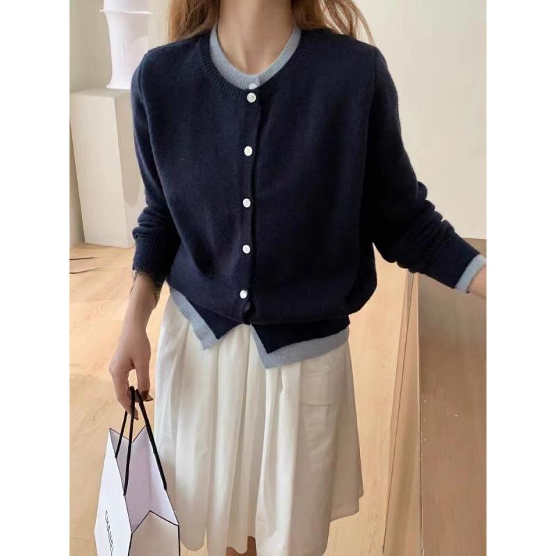 Autumn Korean Candy Color Long-sleeved Fake Two-piece New Slim Niche Knitted Sweater Cardigan