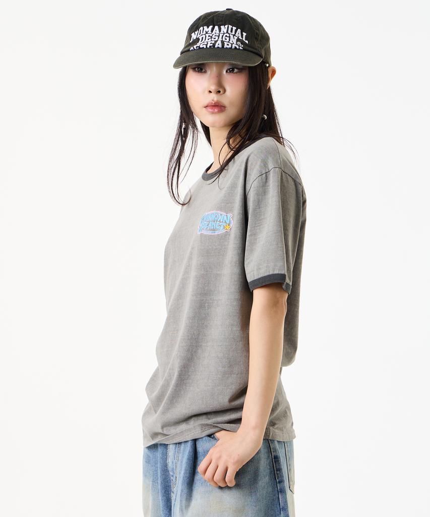 UNKNOWN PLANET [Unp] Pigment-Dyed Graphic Ringer T-Shirt Gray