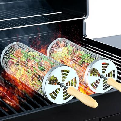 Rolling Grill Basket(2PCS) Removable Wooden Handle 304 Stainless Steel, Grilling Accessories Tools for Vegetables Meat Food Outdoor Camping Grilling