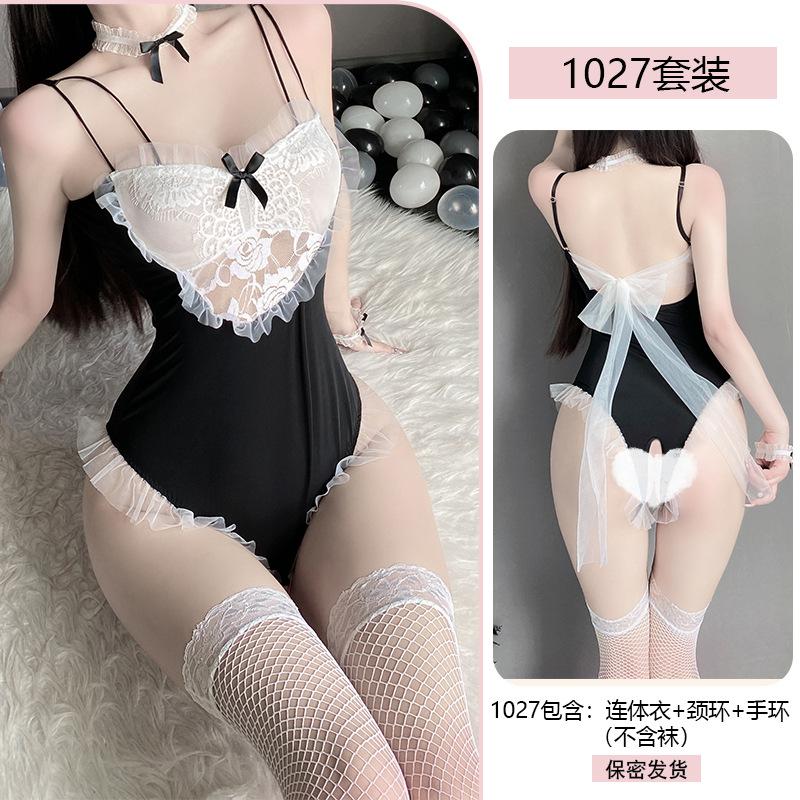 Erotic Lingerie Sexy Maid Open-crotch JumpSuit Women Lace Seductive Pajamas No-Take Uniform Set 1027