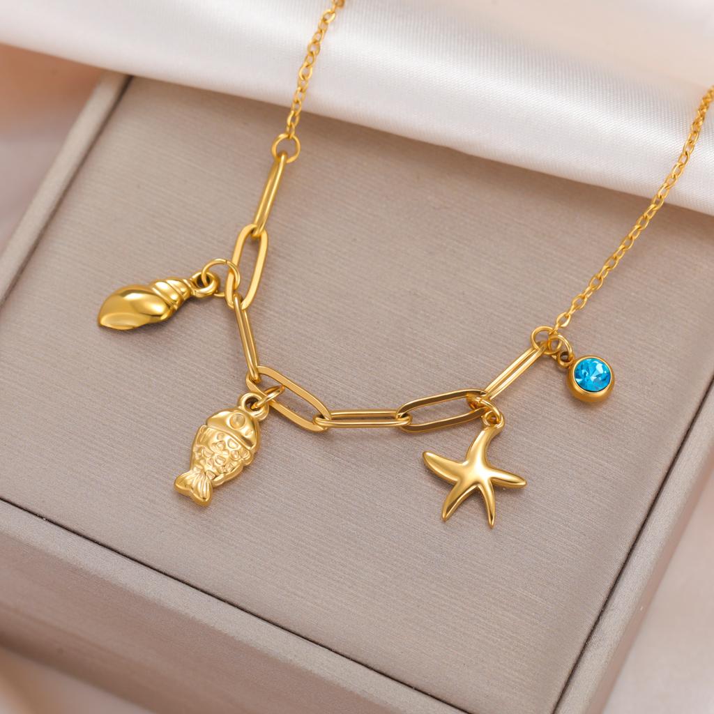 Cazador Sea Fish Conch Starfish Necklaces for Women 2026 Jewelry Stainless Steel Choker Bohemian Birthday Gift Wholesale