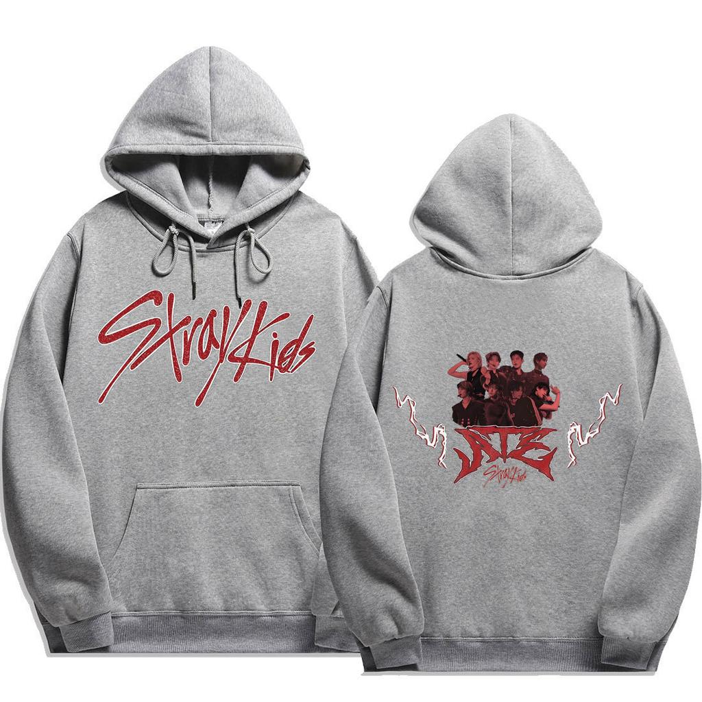 Stray Kids Script Logo ATE Group Lightning Hoodie Stray Kids Members Group Photo with White Lightning & ATE Metal Logo, Oversized K‑Pop Fan Pullover