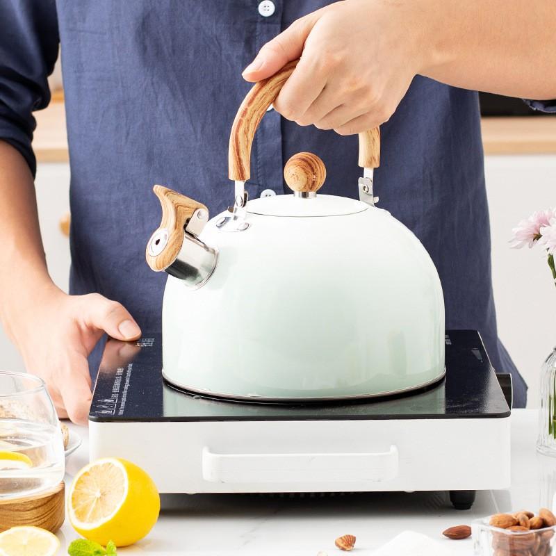 3L Stainless Steel Whistling Kettle With Wooden Handle Tea Coffee Boiling Modern Kitchen Stovetop Water Pot